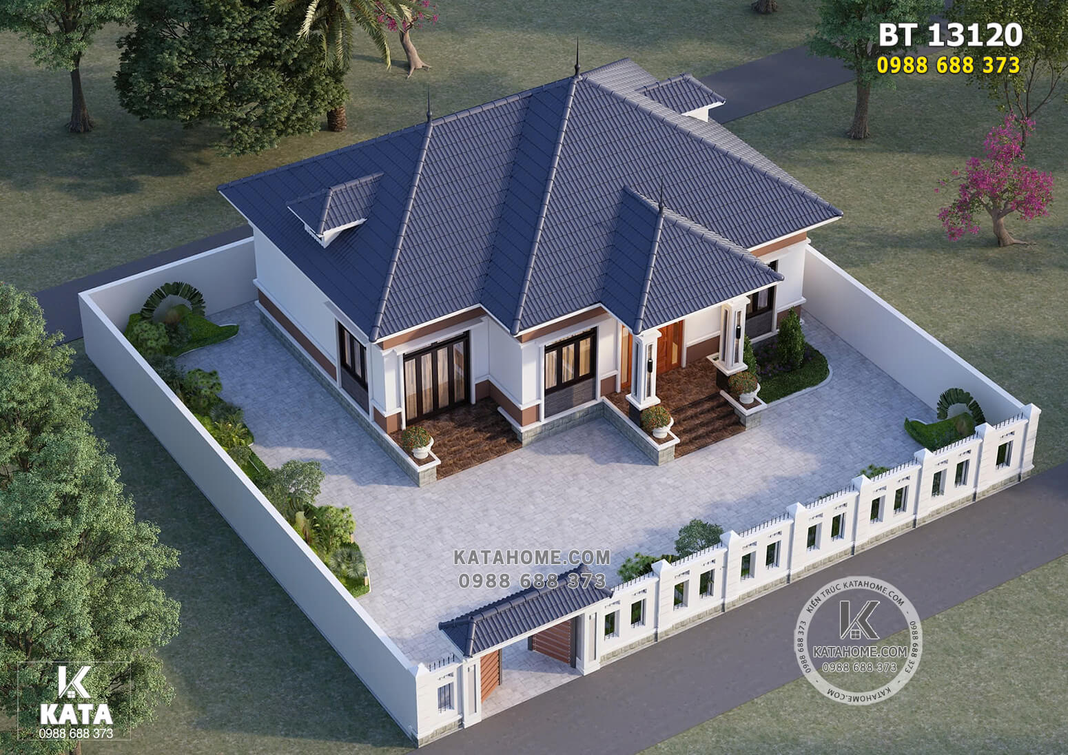 Toàn cảnh mẫu nhà cấp 4 đẹp 130m2 khi nhìn từ trên cao xuống