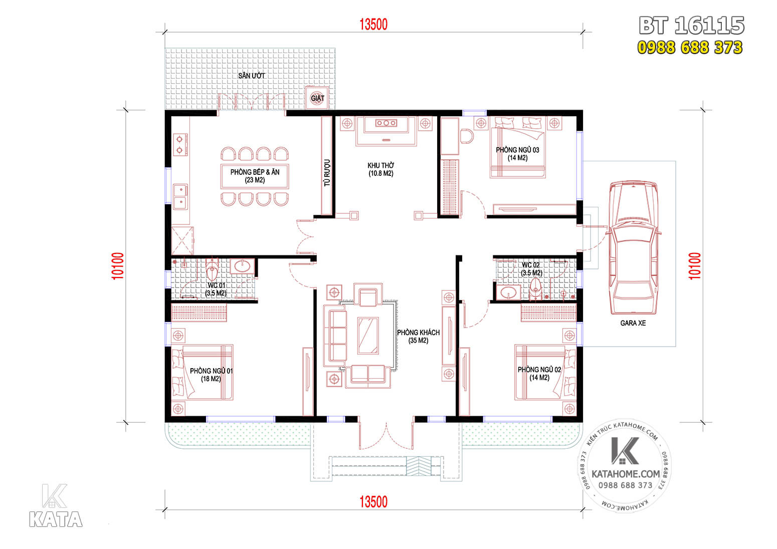 Mặt bằng công năng mẫu nhà 1 tầng 3 phòng ngủ đẹp