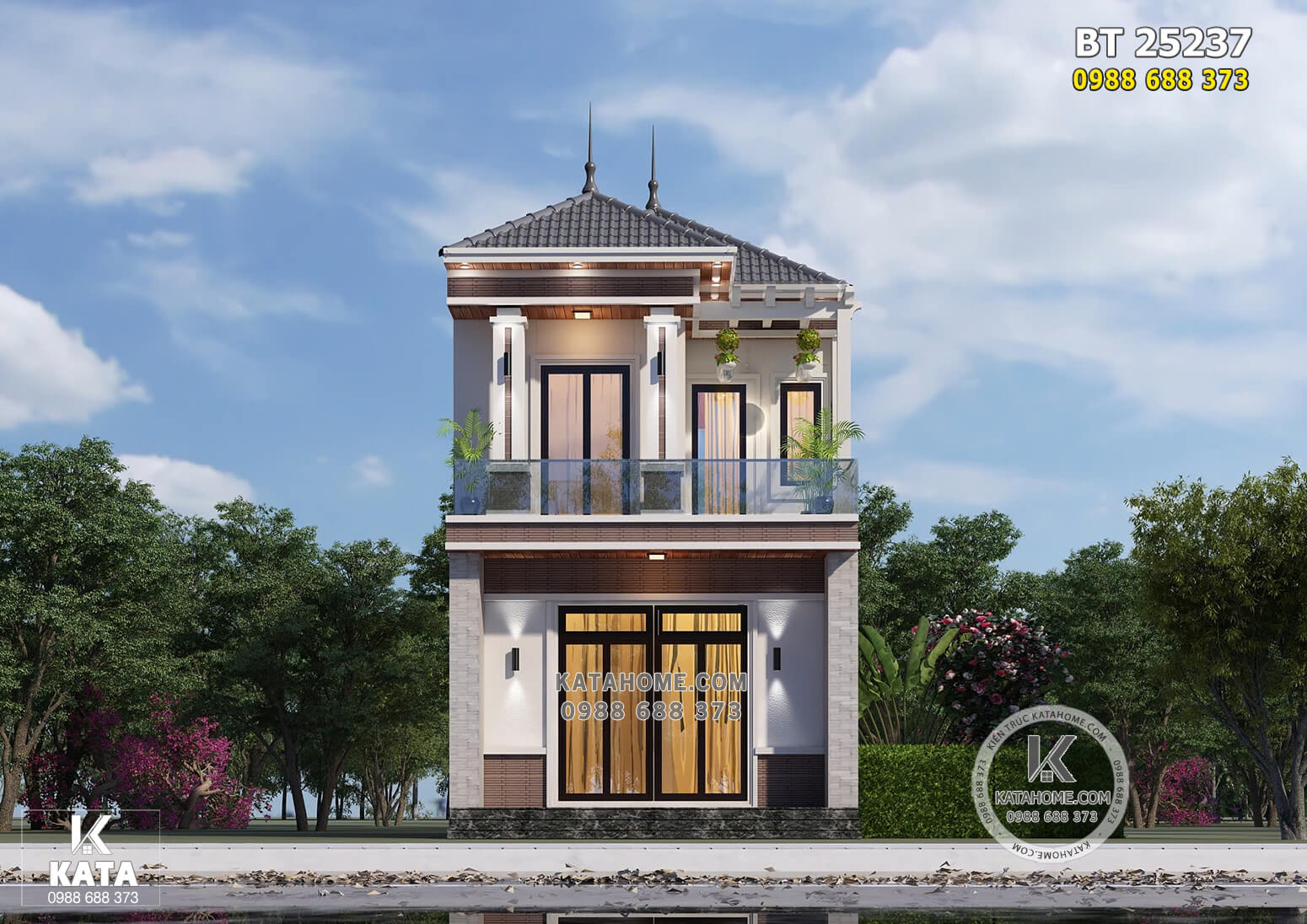 Phối cảnh 3D ngoại thất mẫu nhà mái Nhật mặt tiền 6m đẹp